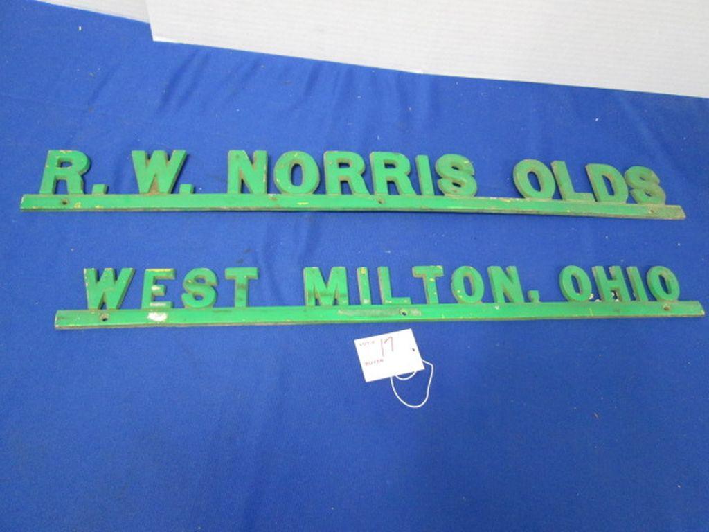 2 Metal Name Signs R. W. Norris Olds West Milton, Ohio 26" & 23"