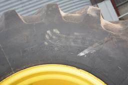 Set of 800/65Rx32 Firestone Tires on JD Wheels, 11" Pilot & 13 1/4" Bolt Circle, 90%+ Tread