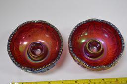 Pair Red Iridescent Candle Stick Holder Flower Pattern