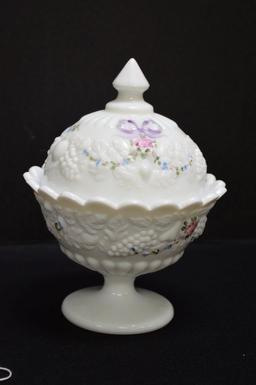 Westmoreland Fruit Pattern Covered Dish Hand painted Milk Glass