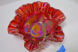 Red Carnival Glass Ruffled Edge - Grape Pattern by Mosser Glass