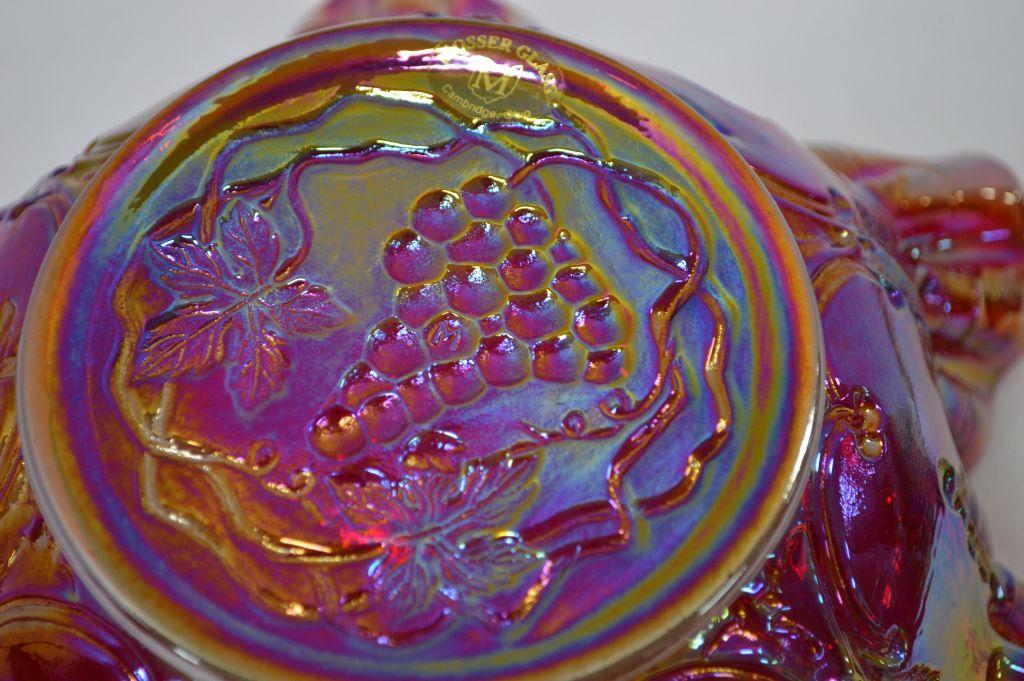 Red Carnival Glass Ruffled Edge - Grape Pattern by Mosser Glass