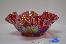 Red Carnival Glass Ruffled Edge - Grape Pattern by Mosser Glass