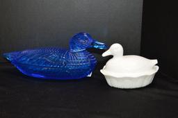 Pair of Ducks: Large Blue Candy Dish, 1 White Duck on Nest by Fenton - 11"