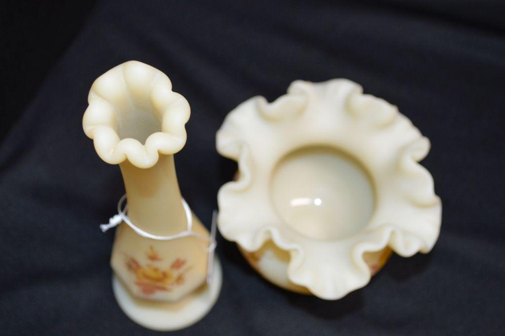 Set Cream Custard Hand painted and Signed Vase - Ruffled Brown: 8"