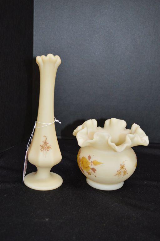 Set Cream Custard Hand painted and Signed Vase - Ruffled Brown: 8"