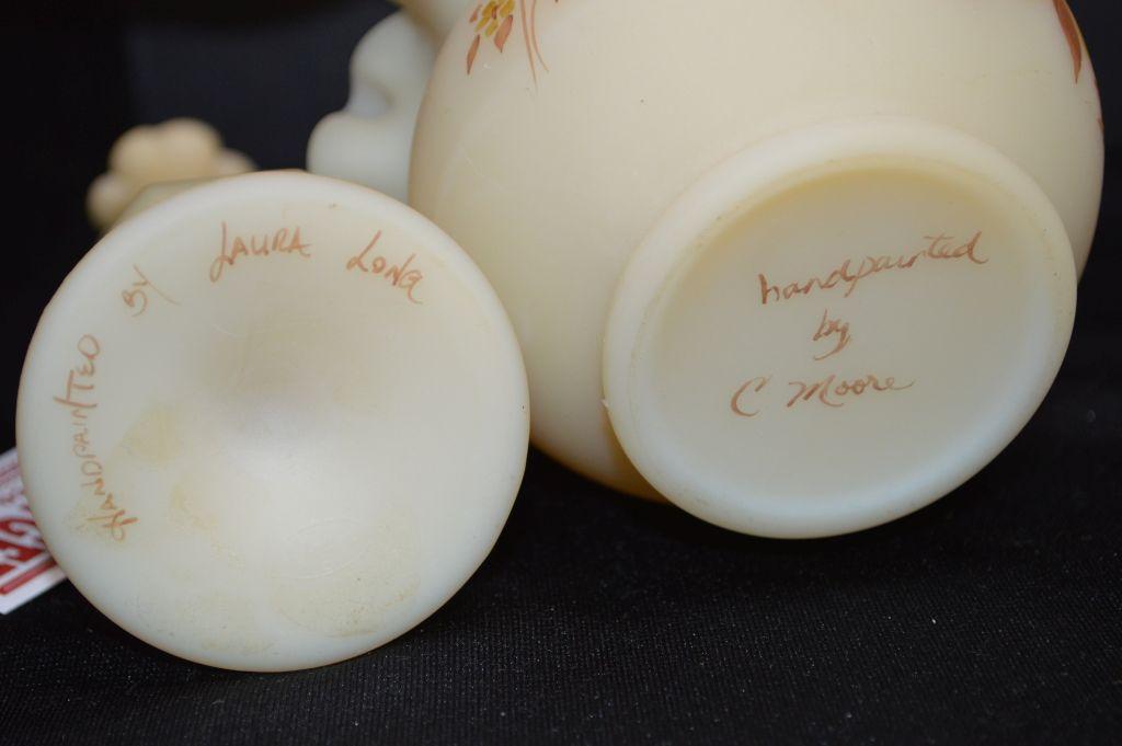 Set Cream Custard Hand painted and Signed Vase - Ruffled Brown: 8"