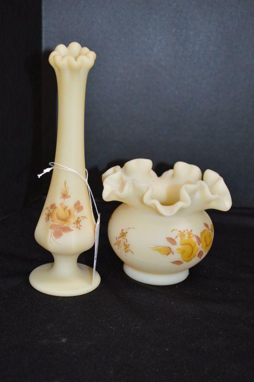 Set Cream Custard Hand painted and Signed Vase - Ruffled Brown: 8"