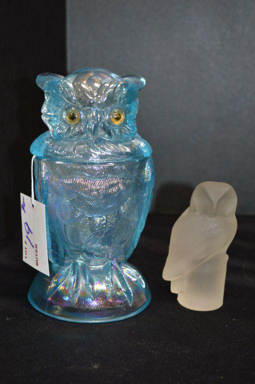 Blue Carnival Owl w/ Glass Eyes and Frosted Owl Paperweight