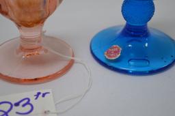 Pair Small Vases: 1 Blue Pressed Glass Made in Italy, 1 Pink Pressed Glass