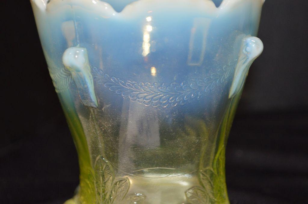 Vaseline Opalescent Vase - Grape Pattern