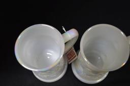 Pair of Milk Glass Carnival Mugs: 3 Men Scene 6"