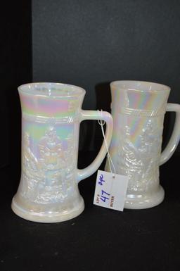 Pair of Milk Glass Carnival Mugs: 3 Men Scene 6"