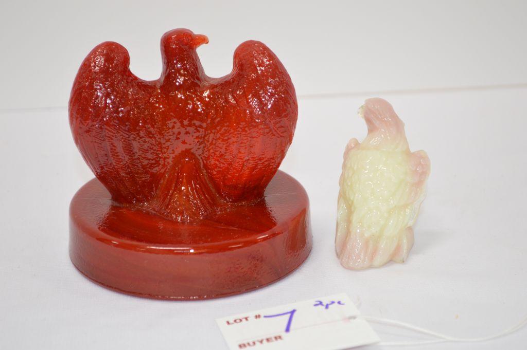 Pair Eagle Figurines: Red is Fenton, Small Slag Glass