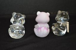 3 Glass Bear Paperweights: 2 Clear, 1 w/ Blue Crystal, 1 Pink Hand painted