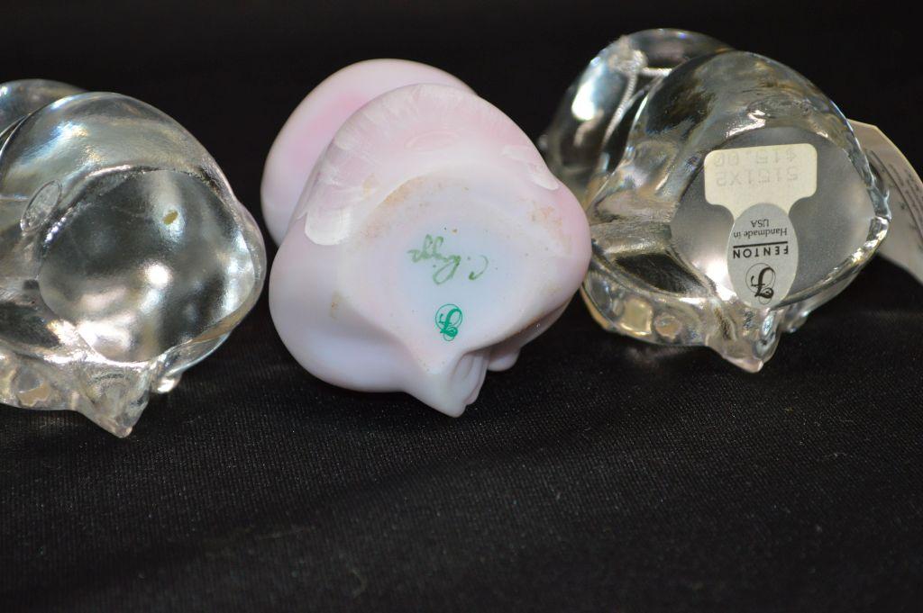 3 Glass Bear Paperweights: 2 Clear, 1 w/ Blue Crystal, 1 Pink Hand painted