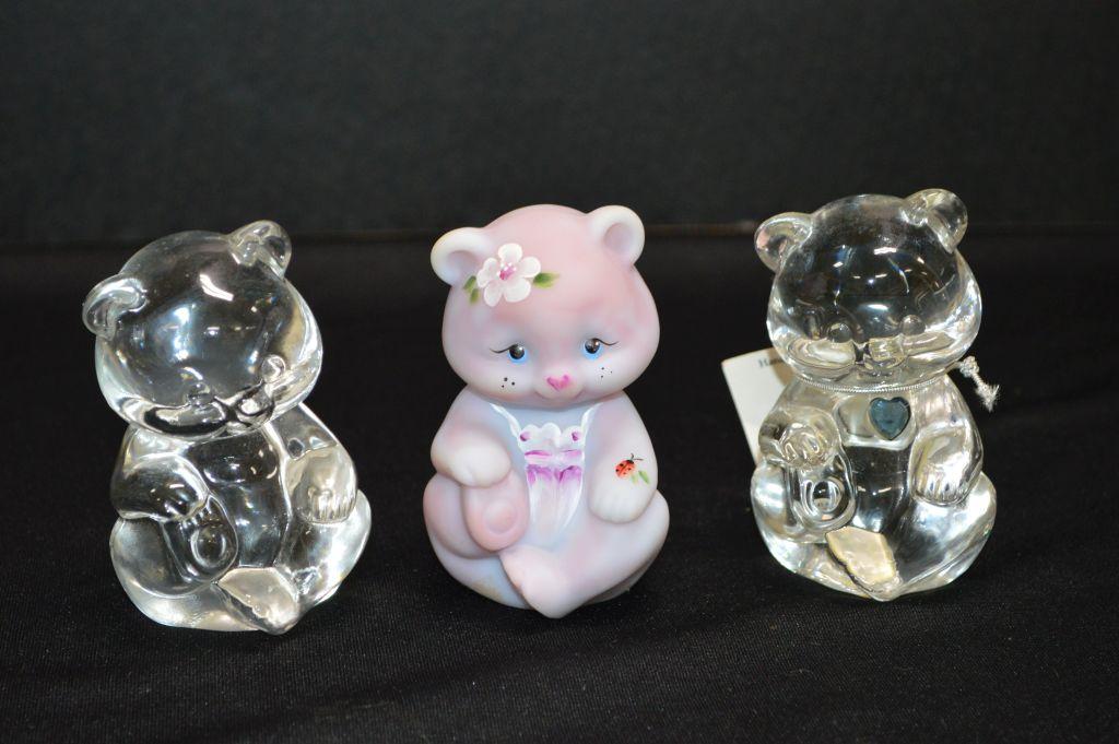 3 Glass Bear Paperweights: 2 Clear, 1 w/ Blue Crystal, 1 Pink Hand painted