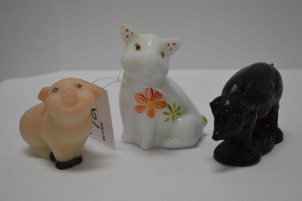 3 Pigs: 1 Purple Pressed Glass Sow, 1 Milk Glass Hand painted and Signed Fe