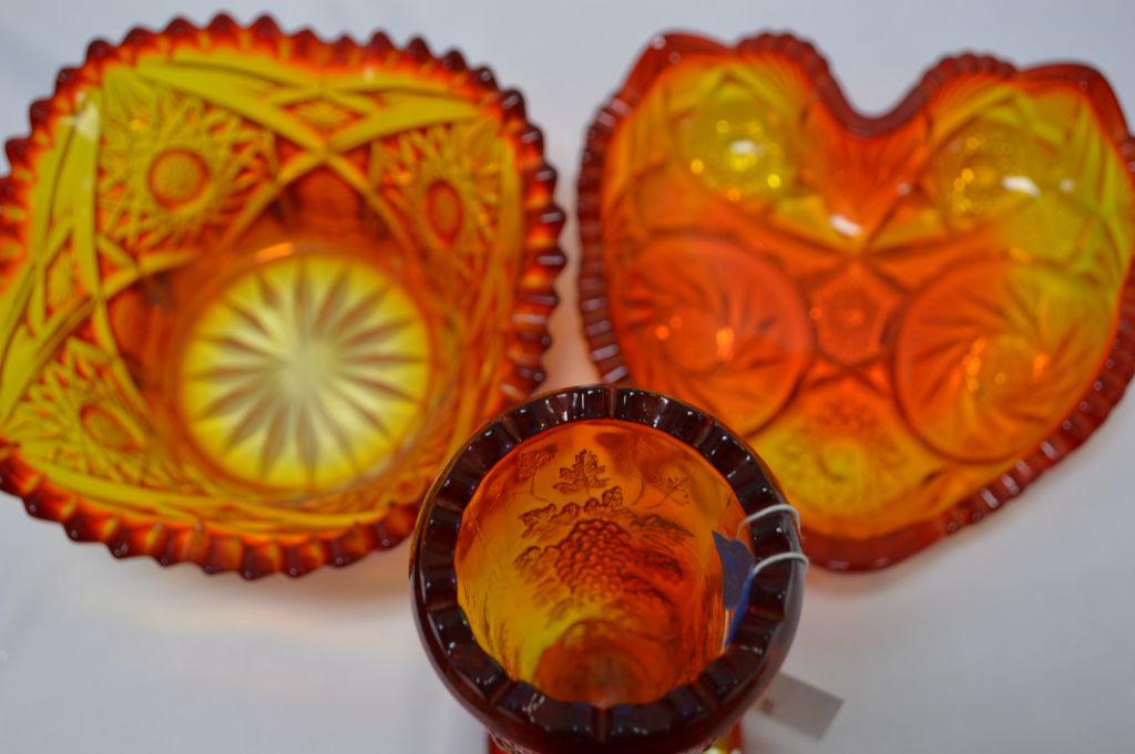 Group of Amberina: Starburst Heart Tray, Starburst Bowl , Footed Vase Grape