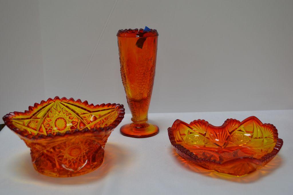 Group of Amberina: Starburst Heart Tray, Starburst Bowl , Footed Vase Grape