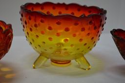 2 Amberina: 1 Hobnail Bowl 3 1/2" Thumbprint, 1 Red Pressed Basket by Fento