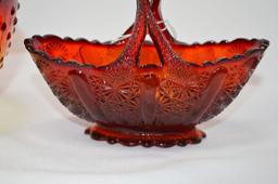 2 Amberina: 1 Hobnail Bowl 3 1/2" Thumbprint, 1 Red Pressed Basket by Fento
