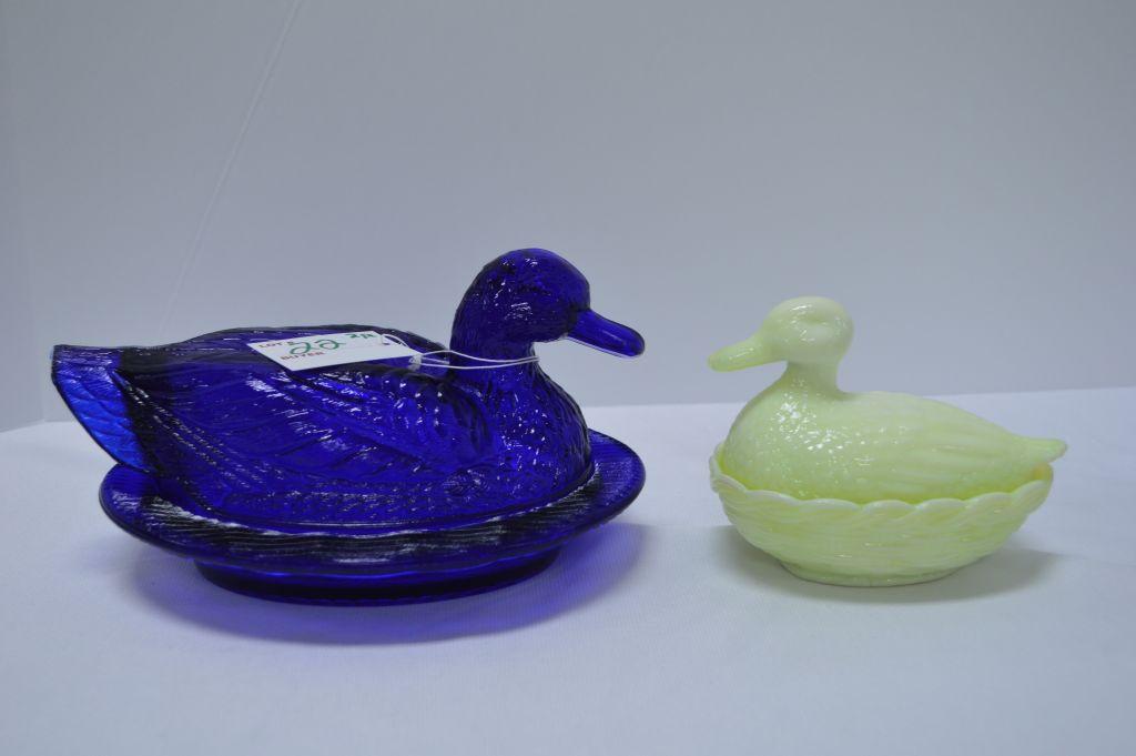 Pair of Ducks on Nest: Cobalt Blue 8" Long by Westmoreland, Cream Moonstone