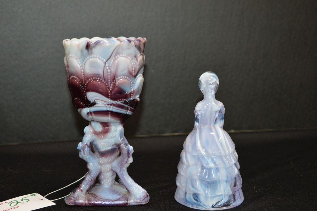 Purple Slag Lady Figure Marked "V" S.B., Purple Slag Vase Drape and Beaded