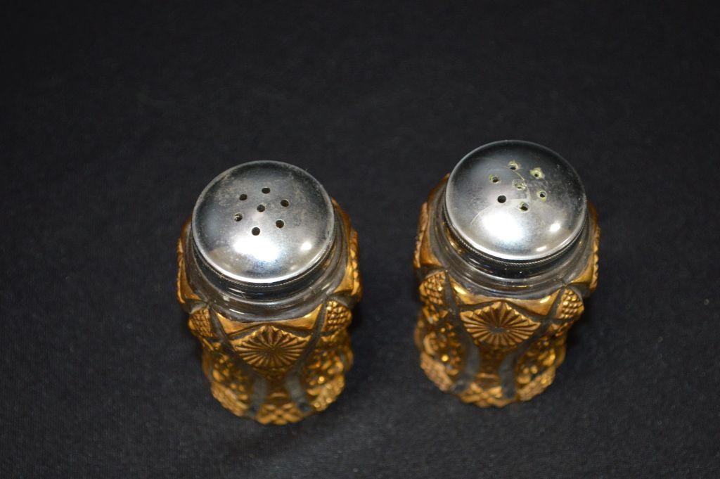 Pair Salt and Pepper Shakers - Clear and Gold Pressed Glass