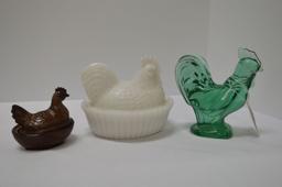 Group  of Glass Chicks: White Hen on Nest, Small Brown Slag Hen in Nest by