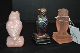 3 Owl Paperweights, 3 1/2" ; Pink Luster is Boyd