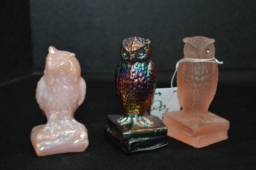 3 Owl Paperweights, 3 1/2" ; Pink Luster is Boyd