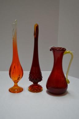 Amberina 11" Vase, 1 Hobnail Vase 11", I Red Handled Pitcher 7"