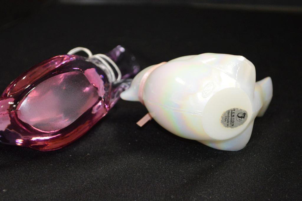 3 Glass Birds: 1 Joe St. Clair Carnival, 1 White Fenton, 1 Pink