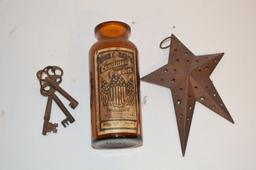 3 Skeleton Keys, Tin Star and Uncle Sam's Condition Powder Amber Bottle w/