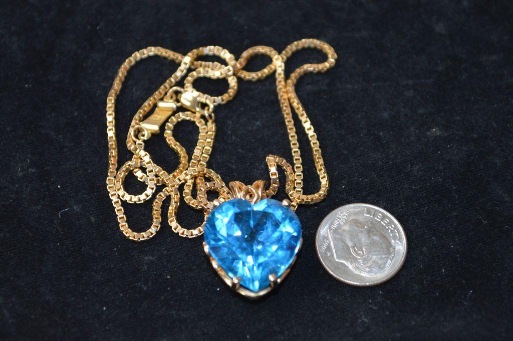 14K Gold Box Chain 21" w/ Heart Shaped Blue Topaz Stone