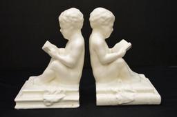 Pair of Unmarked White Bookends, "Children Reading", Semi-Gloss Finish, 8 x