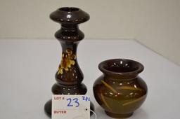 2 Pieces- 1 Match Pot 3" Bornw, 1 Brown Candle Holder 6"