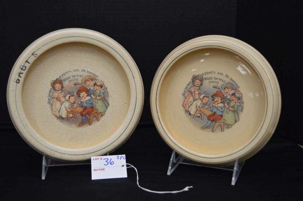 Roseville- Unmarked 2 Piece Juvenile Dishes, Both "Tom a Piper's Son" 1-7 1/2"