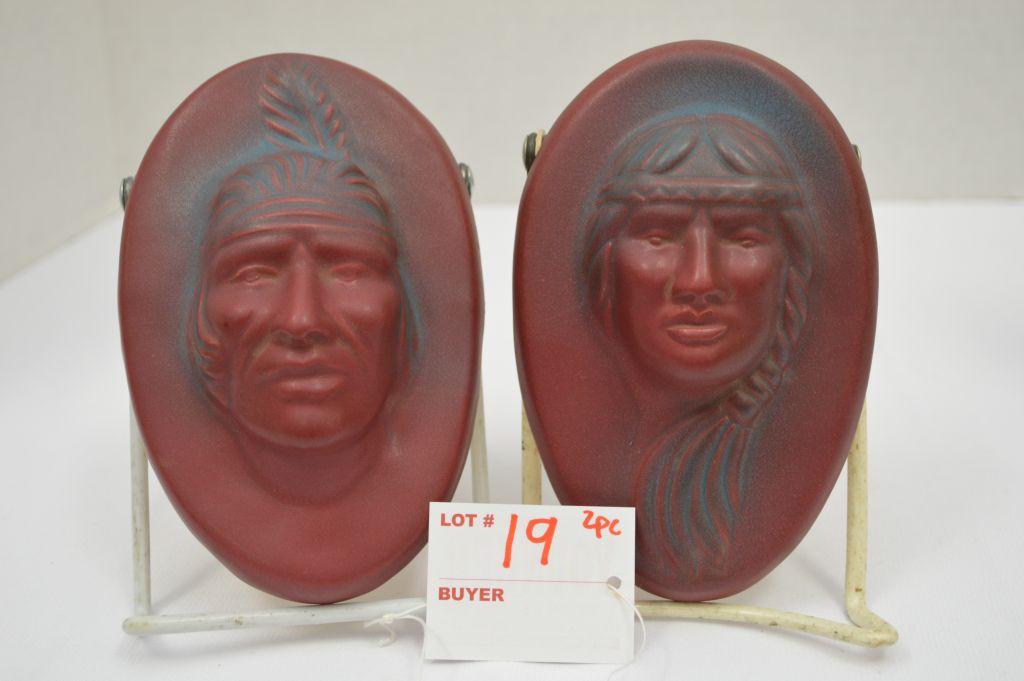 Pair of Van Briggle Small Hollow Back- Native American Plaques- Big Buffao