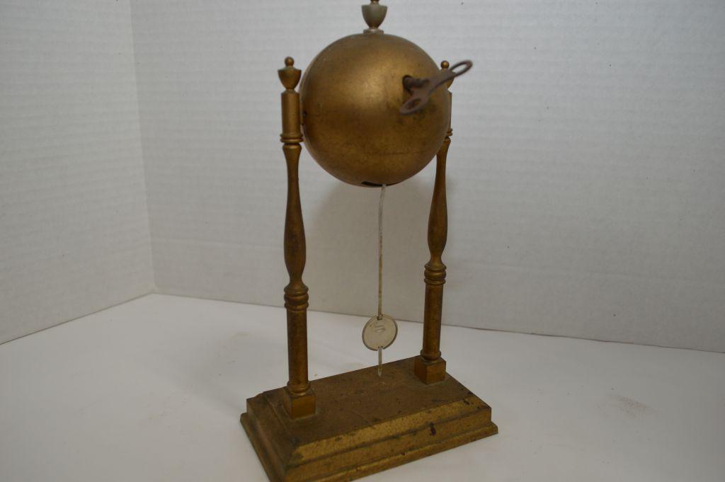 Pot Metal Gold Colored Bell Clock, Keywind and Pendulum by GCC, 10"