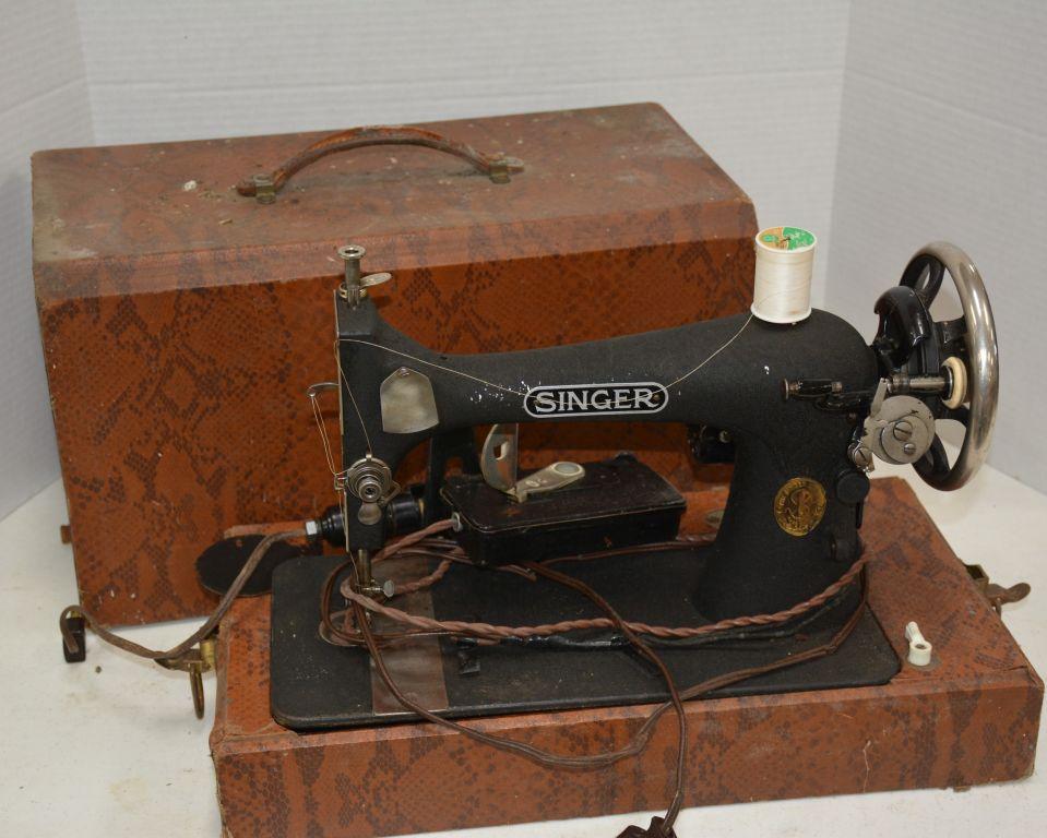Vintage Singer Electric Sewing Machine in Faux Snake Skin Carrier, Has Orig