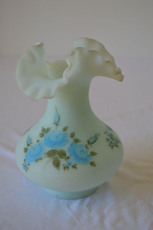 Fenton Blue Frosted Hand Painted and Signed 4 inch Vase