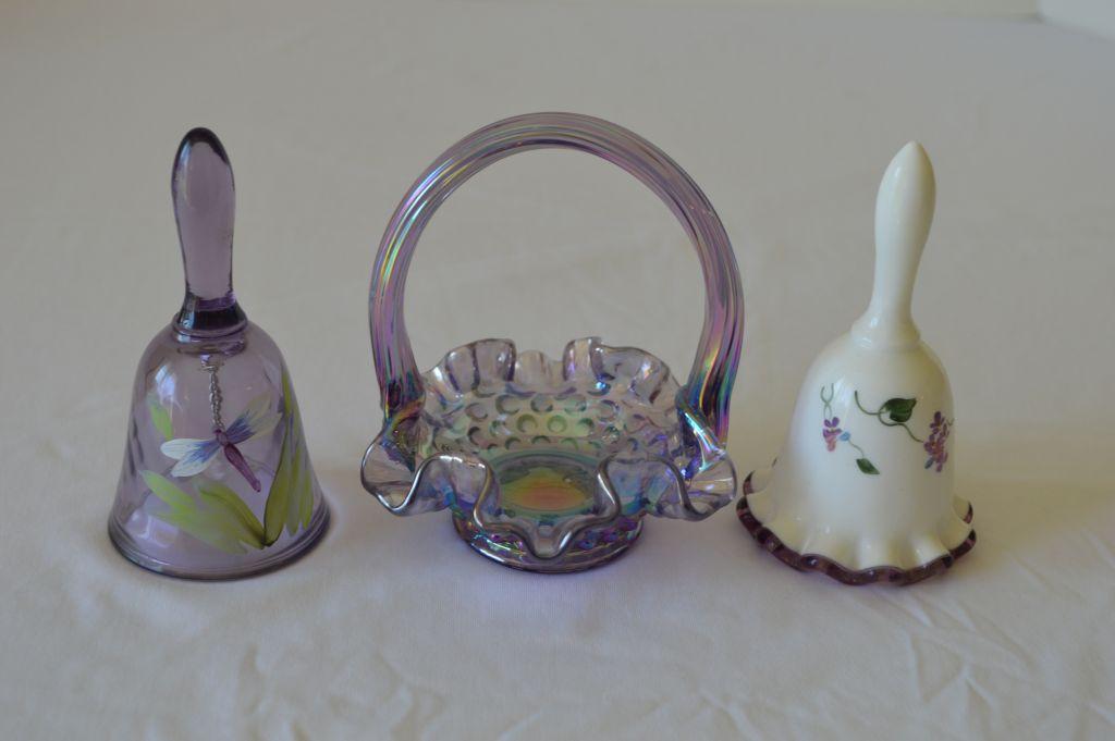 Group 3: 2 Small Fenton Bells, Hand Painted and Signed and Lavender Iridesc