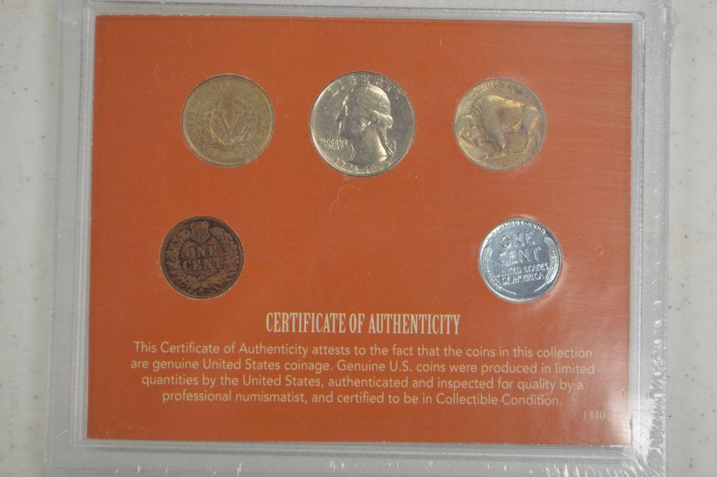 5 Rare Coins in Plastic Display: 1st 1904 Indian Liberty Head Nickel, 1943