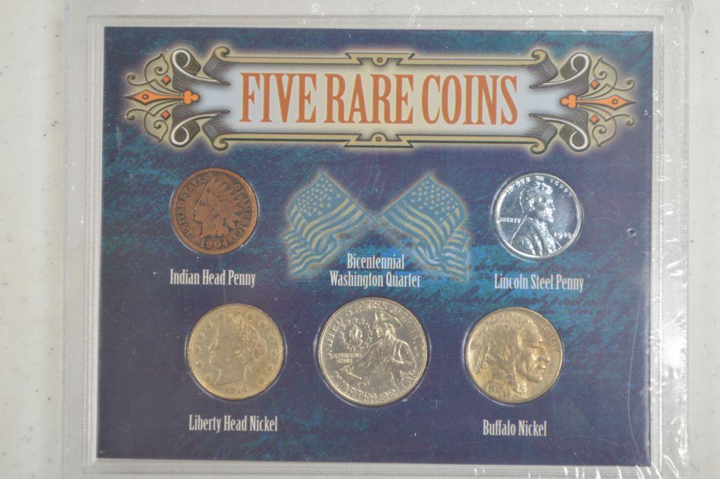 5 Rare Coins in Plastic Display: 1st 1904 Indian Liberty Head Nickel, 1943