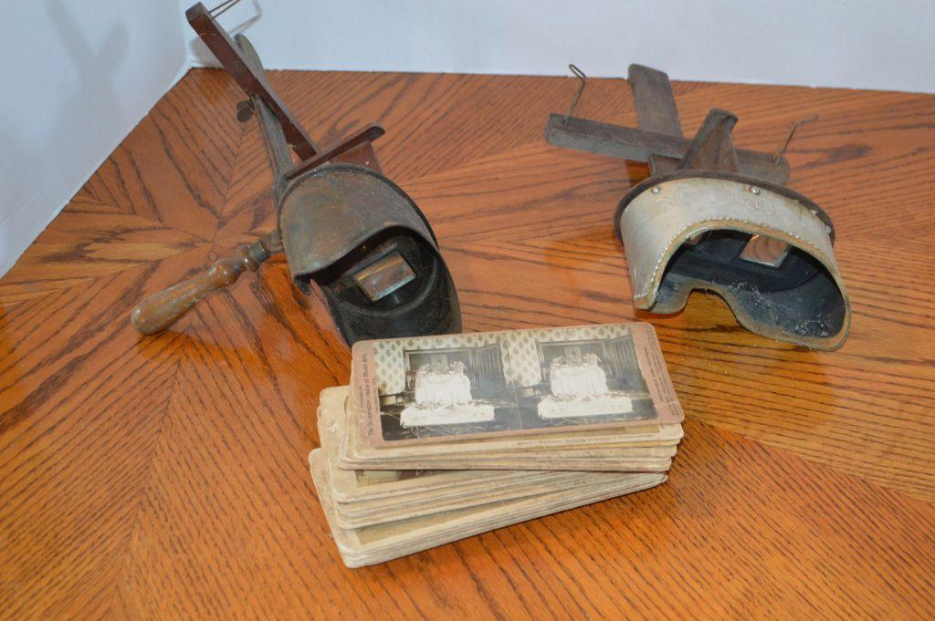 Pair of Antique Victorian Stereoscope Viewers w/ Small Group of Viewing Car