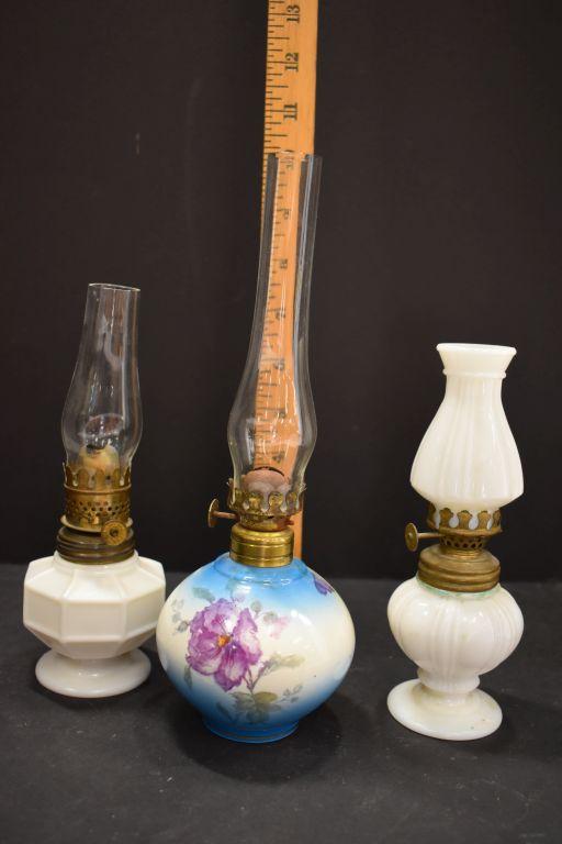 3 Mini Oil Lamps: 2 Milk Glass Panel Style, 1 Pansy Flower Decal. ALL w/Chi