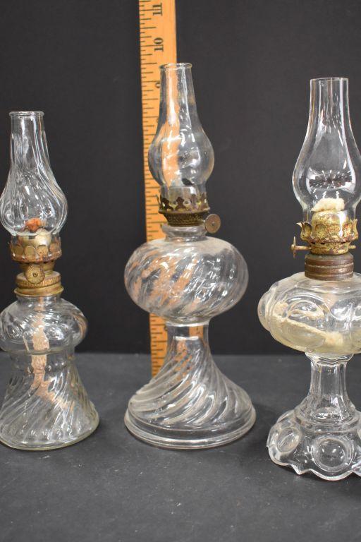 3 Mini Oil Lamps: 2 Clear Twist Base w/Chimney, 1 Clear Coin/Dot Base w/Chi