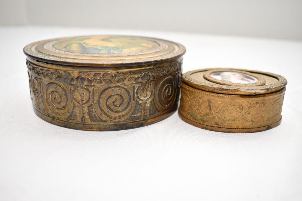 Small Copper Trinket Box + round copper powder box; both w/Women Photos